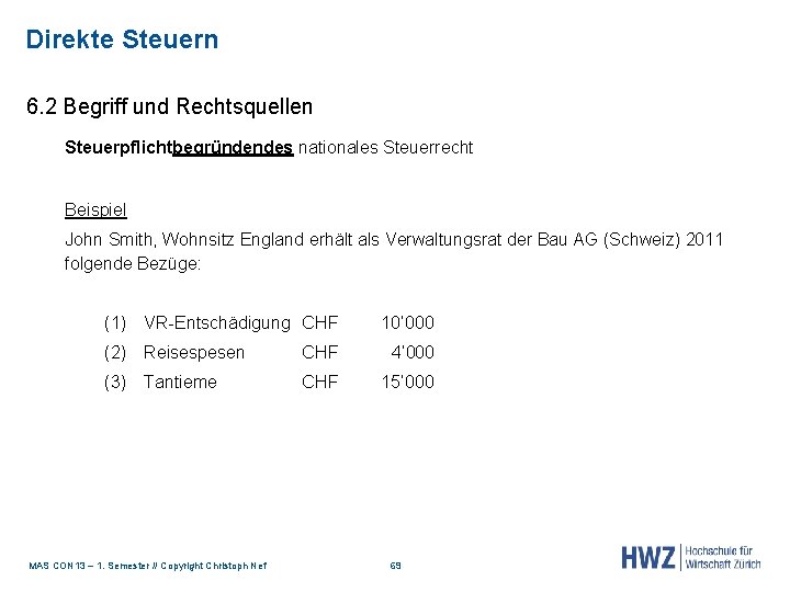 Direkte Steuern 6. 2 Begriff und Rechtsquellen Steuerpflichtbegründendes nationales Steuerrecht Beispiel John Smith, Wohnsitz