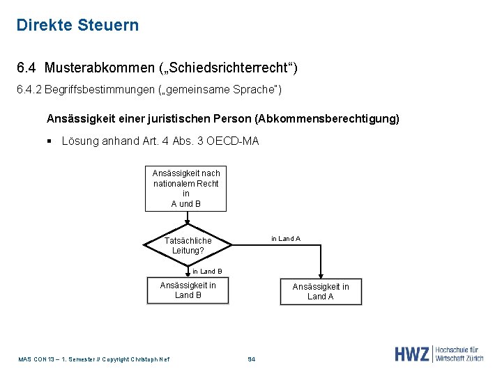 Direkte Steuern 6. 4 Musterabkommen („Schiedsrichterrecht“) 6. 4. 2 Begriffsbestimmungen („gemeinsame Sprache“) Ansässigkeit einer