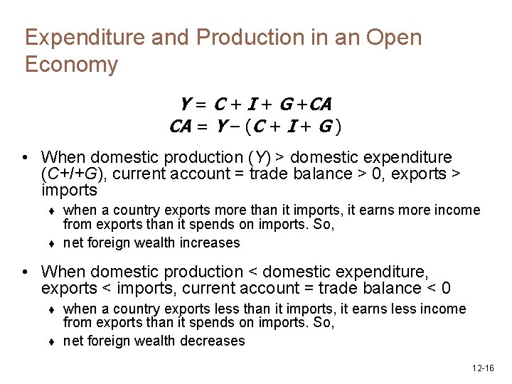 Expenditure and Production in an Open Economy Y = C + I + G