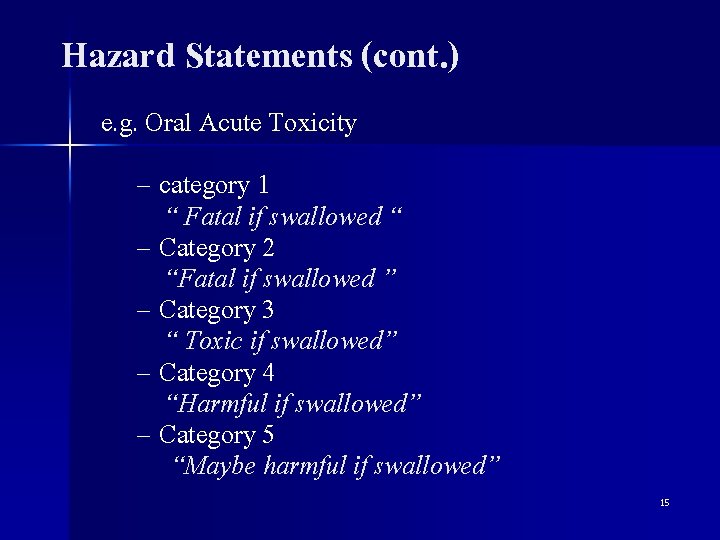 Hazard Statements (cont. ) e. g. Oral Acute Toxicity – category 1 “ Fatal