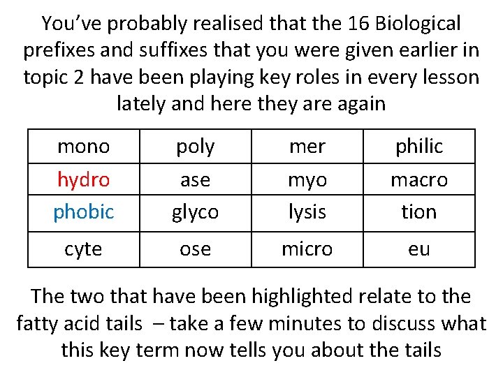 You’ve probably realised that the 16 Biological prefixes and suffixes that you were given