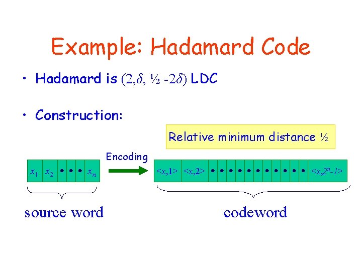 Example: Hadamard Code • Hadamard is (2, δ, ½ -2δ) LDC • Construction: Relative