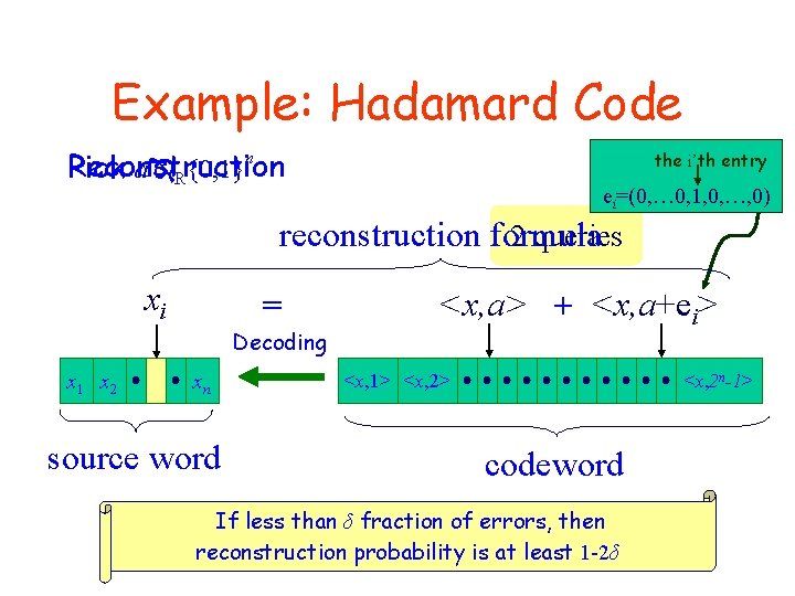 Example: Hadamard Code Reconstruction Pick a R{0, 1}n the i’th entry ei=(0, … 0,