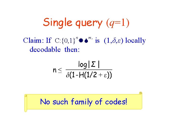 Single query (q=1) n m, Claim: If C: {0, 1} is (1, δ, ε)