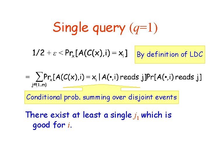Single query (q=1) By definition of LDC Conditional prob. summing over disjoint events There