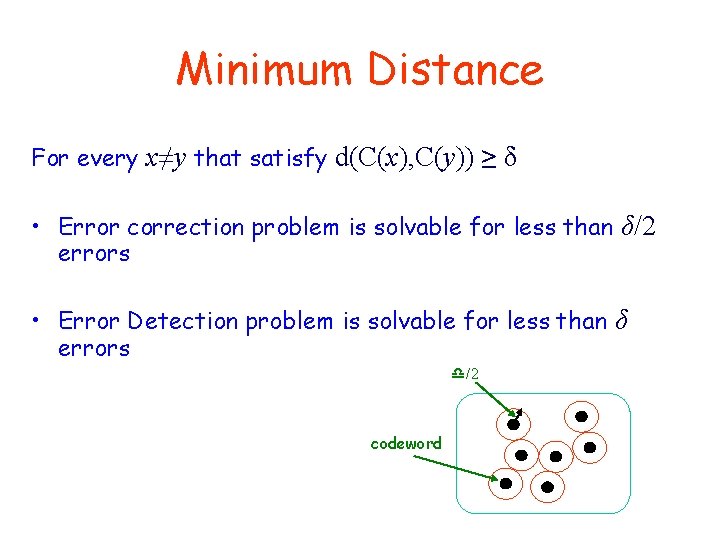 Minimum Distance For every x≠y that satisfy d(C(x), C(y)) ≥ δ • Error correction