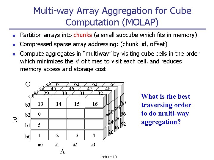 Multi-way Array Aggregation for Cube Computation (MOLAP) Partition arrays into chunks (a small subcube