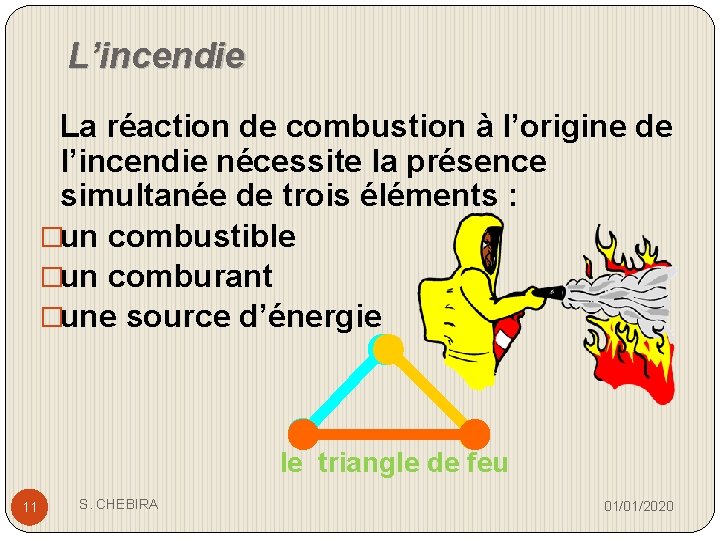 L’incendie La réaction de combustion à l’origine de l’incendie nécessite la présence simultanée de