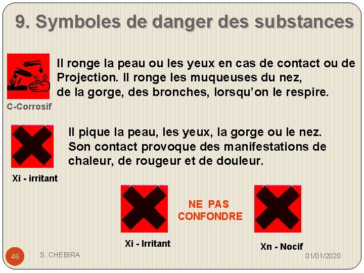 9. Symboles de danger des substances Il ronge la peau ou les yeux en