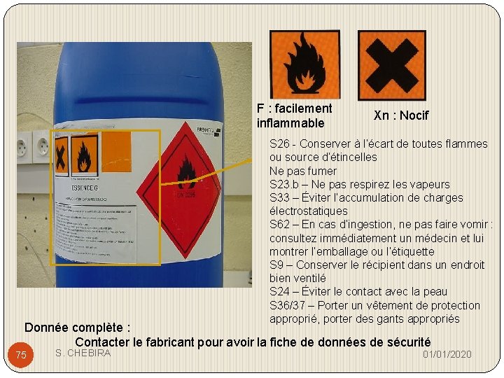 F : facilement inflammable Xn : Nocif S 26 - Conserver à l’écart de