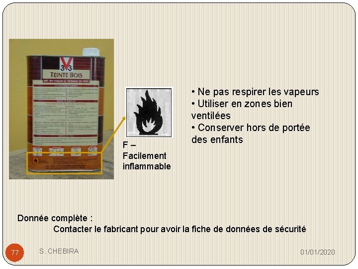 F– Facilement inflammable • Ne pas respirer les vapeurs • Utiliser en zones bien