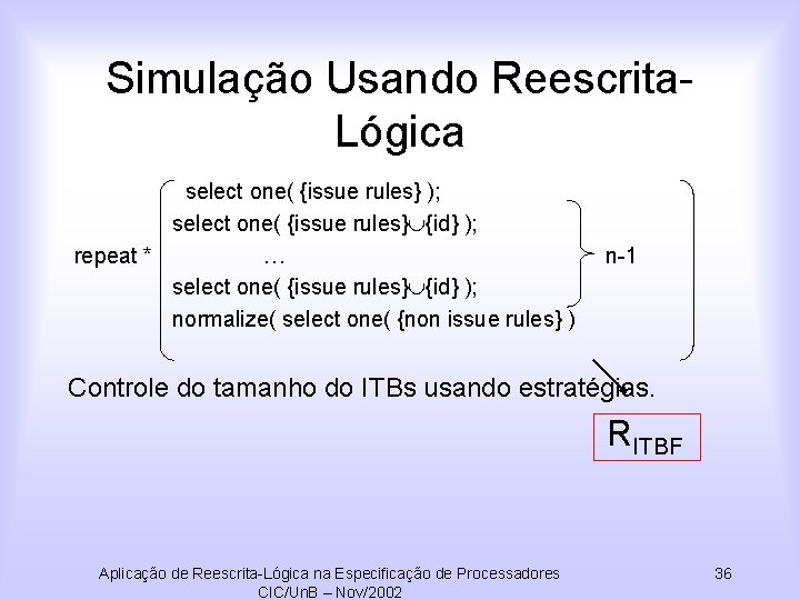 Simulação Usando Reescrita. Lógica select one( {issue rules} ); select one( {issue rules} {id}
