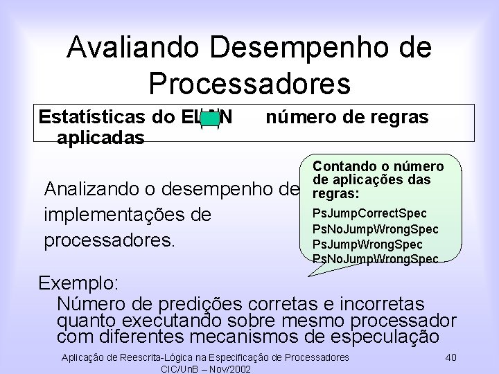 Avaliando Desempenho de Processadores Estatísticas do ELAN aplicadas número de regras Analizando o desempenho