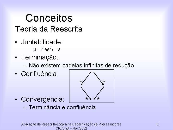 Conceitos Teoria da Reescrita • Juntabilidade: u * w * v • Terminação: –