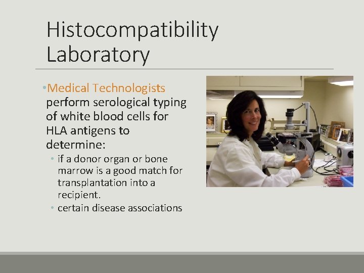 Histocompatibility Laboratory • Medical Technologists perform serological typing of white blood cells for HLA