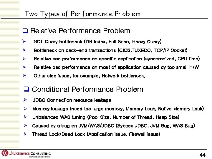 Two Types of Performance Problem q Relative Performance Problem Ø SQL Query bottleneck (DB