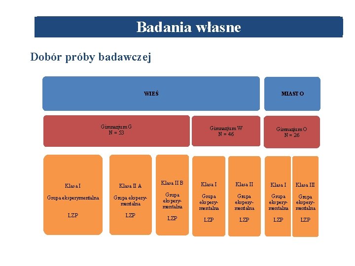 Badania własne Dobór próby badawczej WIEŚ MIASTO Gimnazjum G N = 53 Klasa II