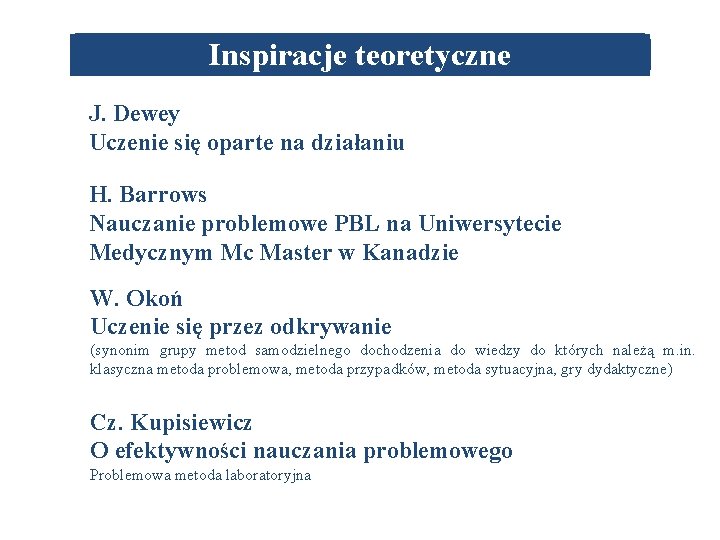 Inspiracje teoretyczne J. Dewey Uczenie się oparte na działaniu H. Barrows Nauczanie problemowe PBL