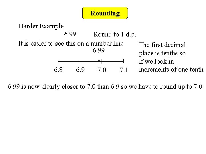 Rounding Harder Example 6. 99 Round to 1 d. p. It is easier to