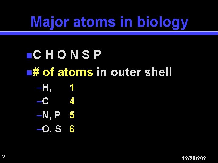 Major atoms in biology n. C HONSP n# of atoms in outer shell –H,