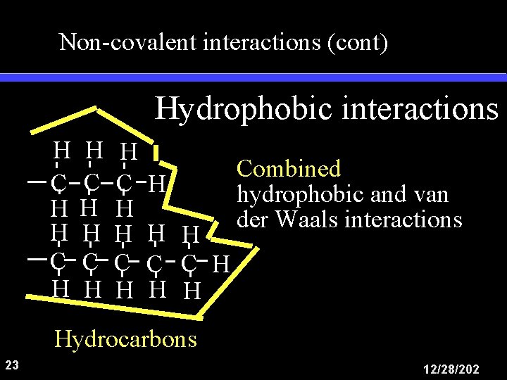 Non-covalent interactions (cont) Hydrophobic interactions H C H H C H H H H