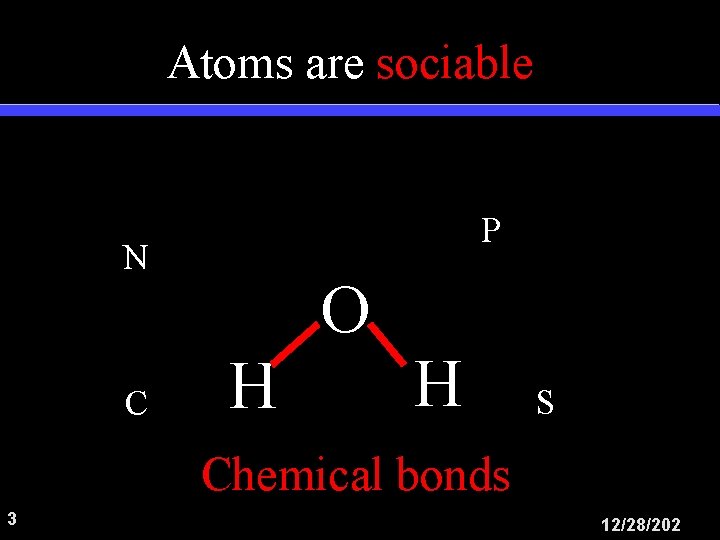 Atoms are sociable P N C O H H S Chemical bonds 3 12/28/202