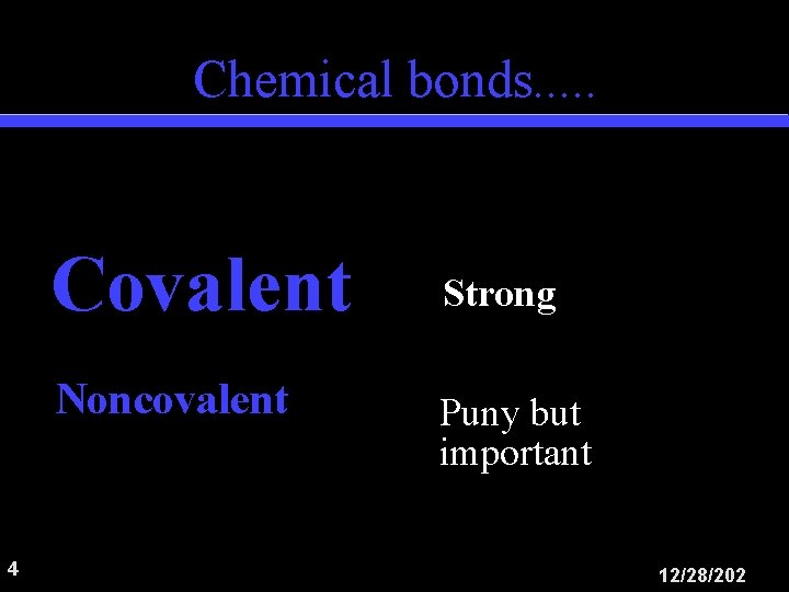 Chemical bonds. . . Covalent Noncovalent 4 Strong Puny but important 12/28/202 