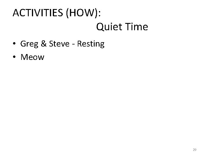 ACTIVITIES (HOW): Quiet Time • Greg & Steve - Resting • Meow 29 