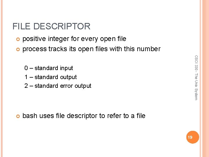 FILE DESCRIPTOR positive integer for every open file process tracks its open files with