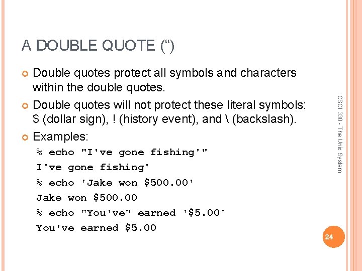 A DOUBLE QUOTE (“) Double quotes protect all symbols and characters within the double