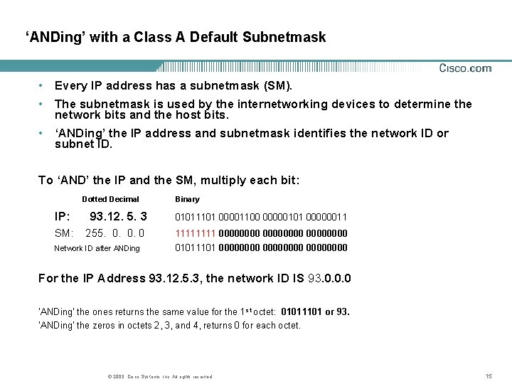 ‘ANDing’ with a Class A Default Subnetmask • Every IP address has a subnetmask