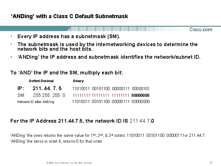‘ANDing’ with a Class C Default Subnetmask • Every IP address has a subnetmask