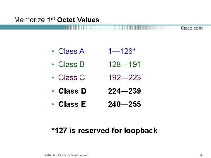 Memorize 1 st Octet Values • Class A 1— 126* • Class B 128—