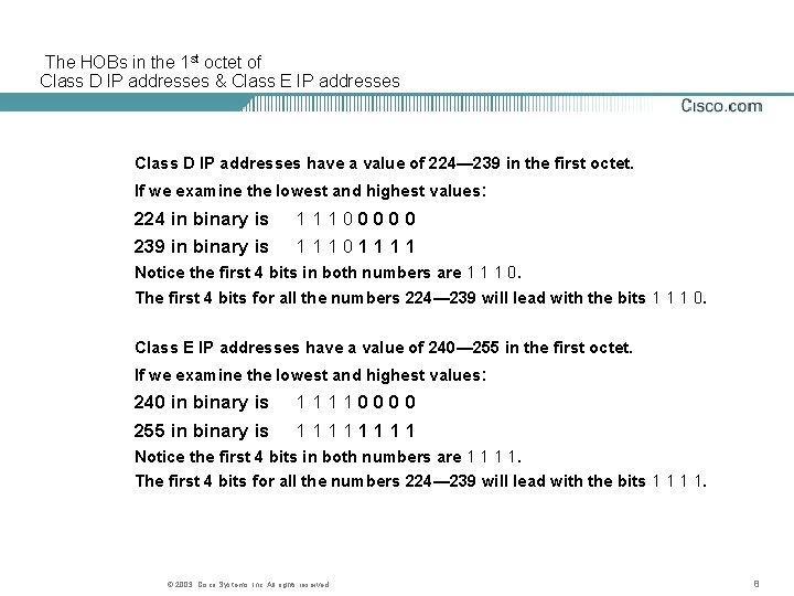 The HOBs in the 1 st octet of Class D IP addresses & Class