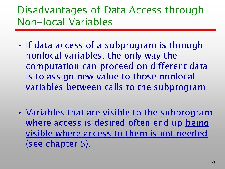 Disadvantages of Data Access through Non-local Variables • If data access of a subprogram