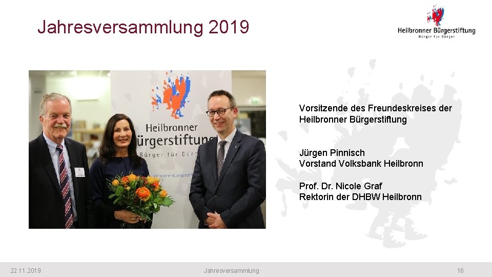 Jahresversammlung 2019 Vorsitzende des Freundeskreises der Heilbronner Bürgerstiftung Jürgen Pinnisch Vorstand Volksbank Heilbronn Prof.