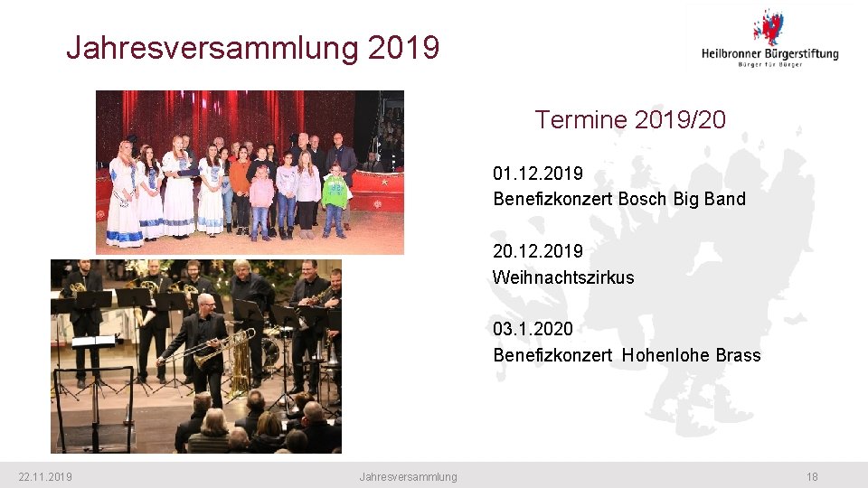 Jahresversammlung 2019 Termine 2019/20 01. 12. 2019 Benefizkonzert Bosch Big Band 20. 12. 2019