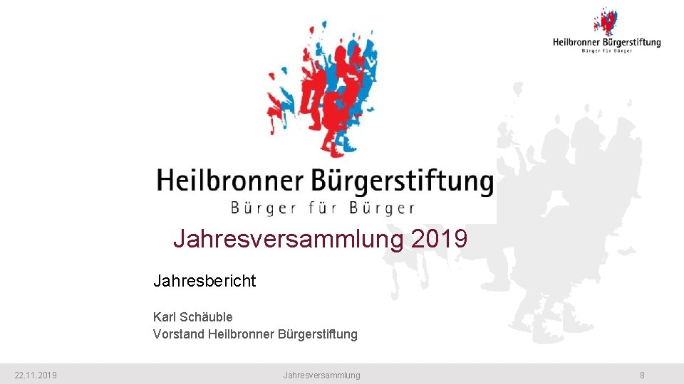 Jahresversammlung 2019 Jahresbericht Karl Schäuble Vorstand Heilbronner Bürgerstiftung 22. 11. 2019 Jahresversammlung 8 