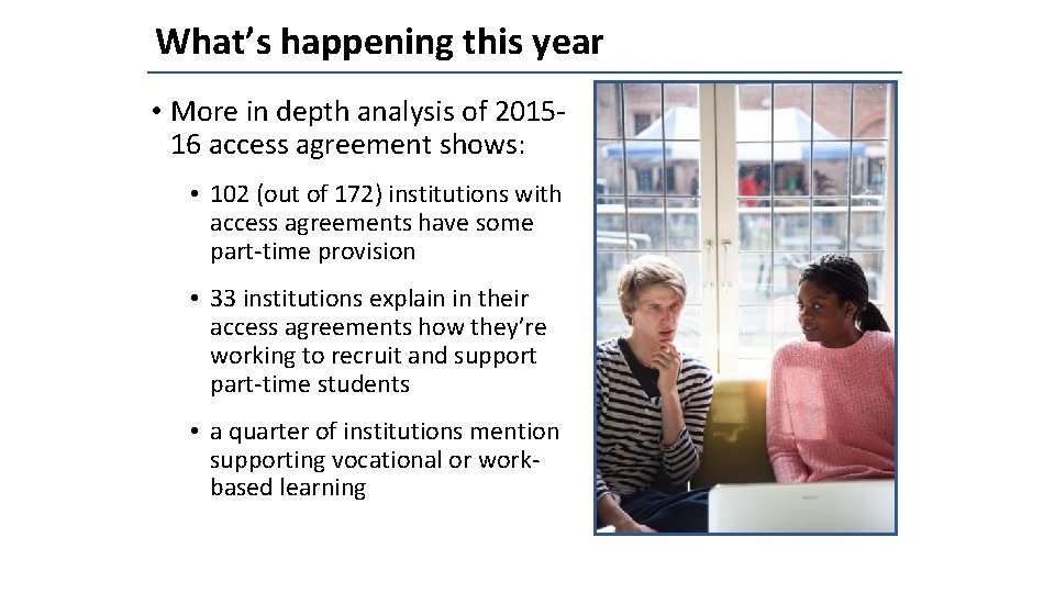 What’s happening this year • More in depth analysis of 201516 access agreement shows: