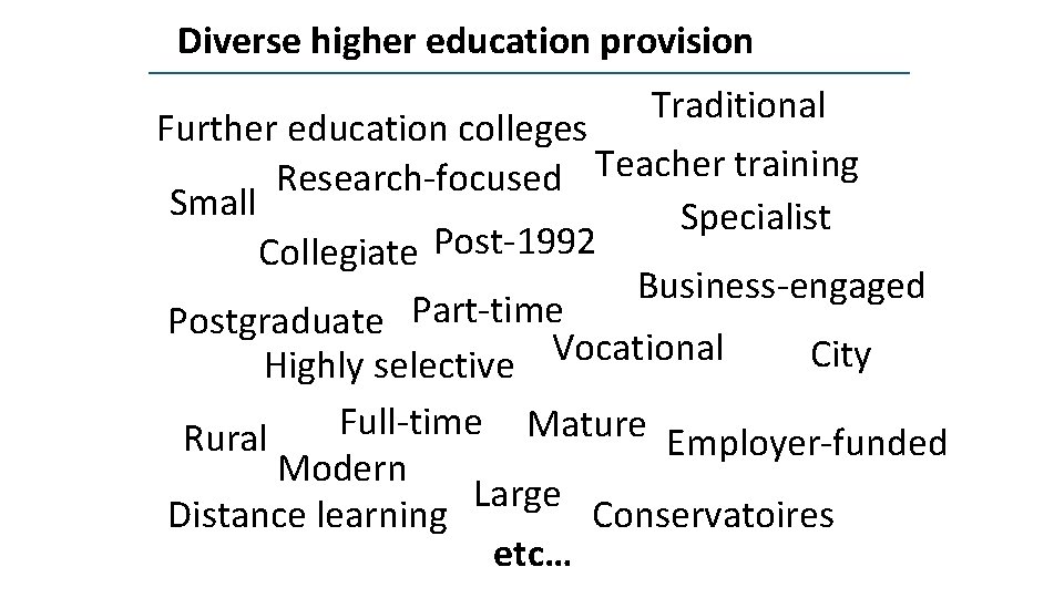 Diverse higher education provision Traditional Further education colleges Teacher training Research-focused Small Specialist Collegiate