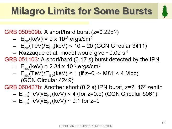 Milagro Limits for Some Bursts GRB 050509 b: A short/hard burst (z=0. 225? )