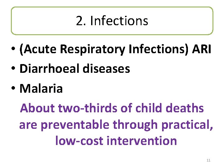 2. Infections • (Acute Respiratory Infections) ARI • Diarrhoeal diseases • Malaria About two-thirds