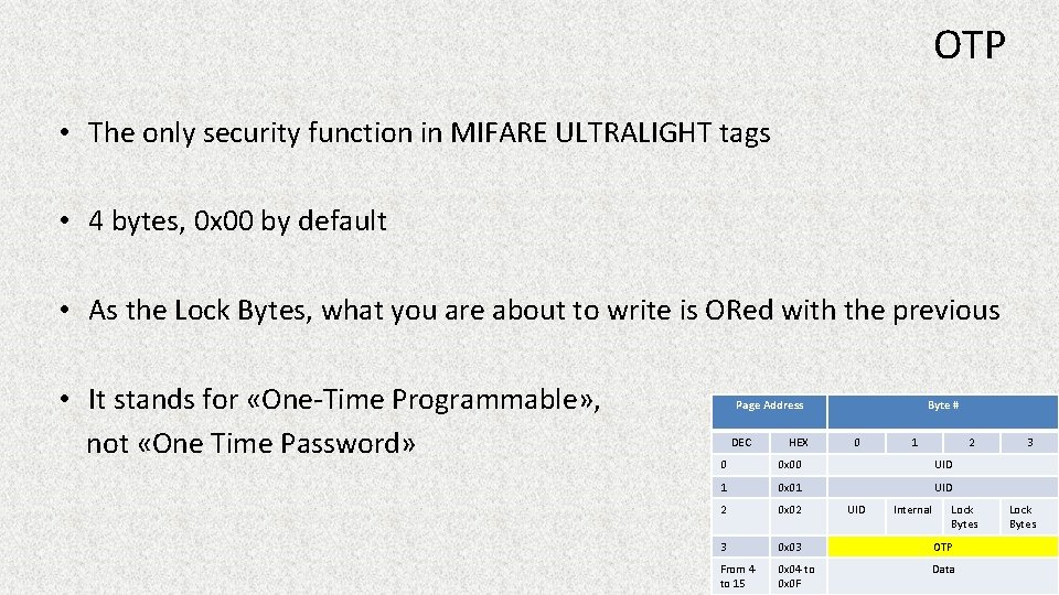 OTP • The only security function in MIFARE ULTRALIGHT tags • 4 bytes, 0