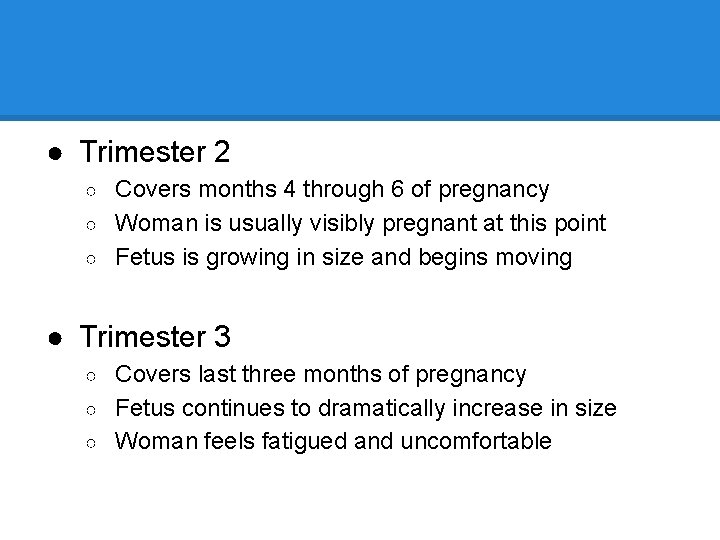 ● Trimester 2 Covers months 4 through 6 of pregnancy ○ Woman is usually