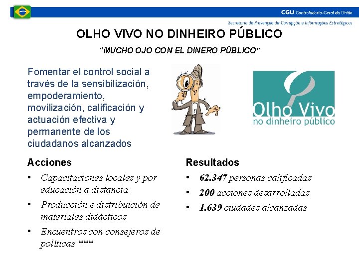 OLHO VIVO NO DINHEIRO PÚBLICO “MUCHO OJO CON EL DINERO PÚBLICO” Fomentar el control