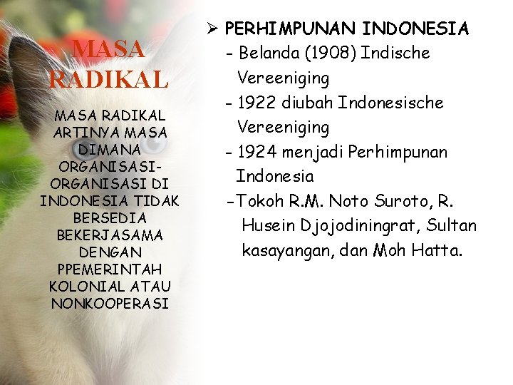 MASA RADIKAL ARTINYA MASA DIMANA ORGANISASI DI INDONESIA TIDAK BERSEDIA BEKERJASAMA DENGAN PPEMERINTAH KOLONIAL