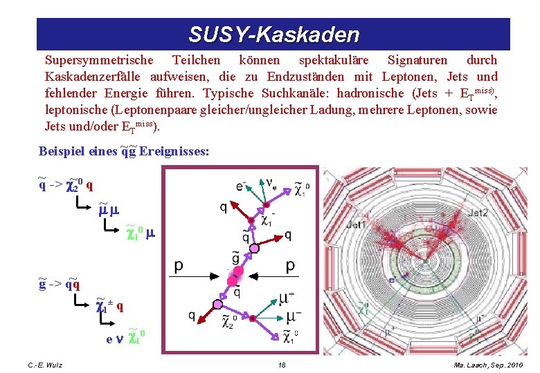 SUSY-Kaskaden Supersymmetrische Teilchen können spektakuläre Signaturen durch Kaskadenzerfälle aufweisen, die zu Endzuständen mit Leptonen,