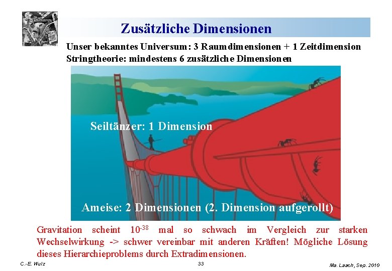 Zusätzliche Dimensionen Unser bekanntes Universum: 3 Raumdimensionen + 1 Zeitdimension Stringtheorie: mindestens 6 zusätzliche