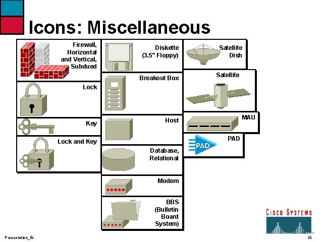 Icons: Miscellaneous Firewall, Horizontal and Vertical, Subdued Diskette (3. 5" Floppy) Breakout Box Satellite