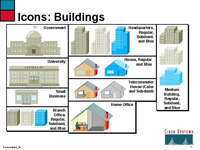 Icons: Buildings Government University Small Business Headquarters, Regular, Subdued, and Blue House, Regular and